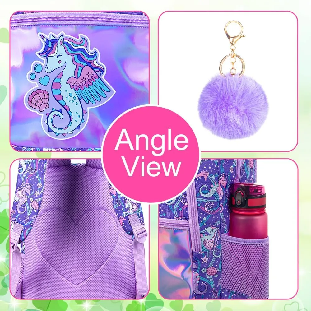 3Pcs Backpack for Girls, 16.5" Seahorse Backpacks Set for Elementary Preschool Kindergarten, Kids School Bookbag with Lunch Box(Purple)