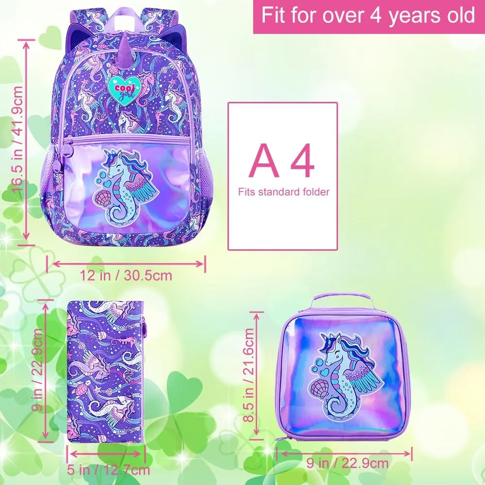 3Pcs Backpack for Girls, 16.5" Seahorse Backpacks Set for Elementary Preschool Kindergarten, Kids School Bookbag with Lunch Box(Purple)