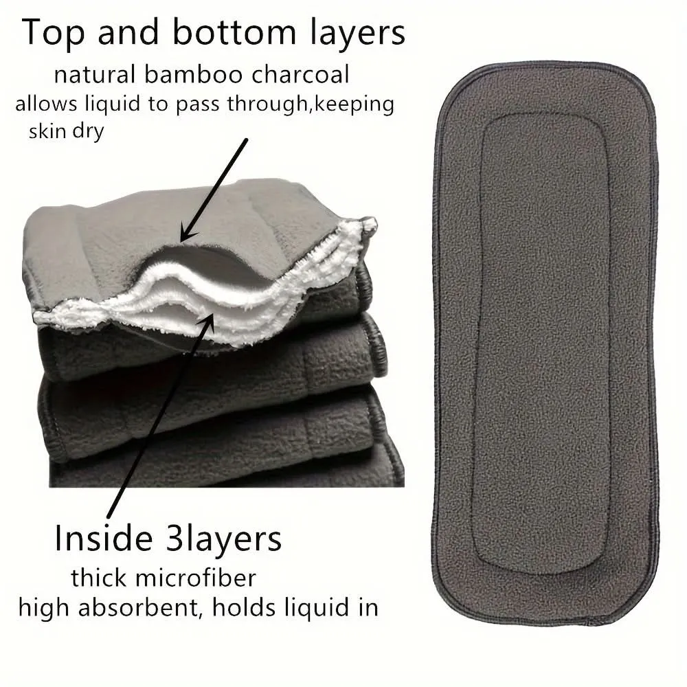 3pcs Bamboo Charcoal Cloth Diaper Inserts, 5-Layer Absorbent