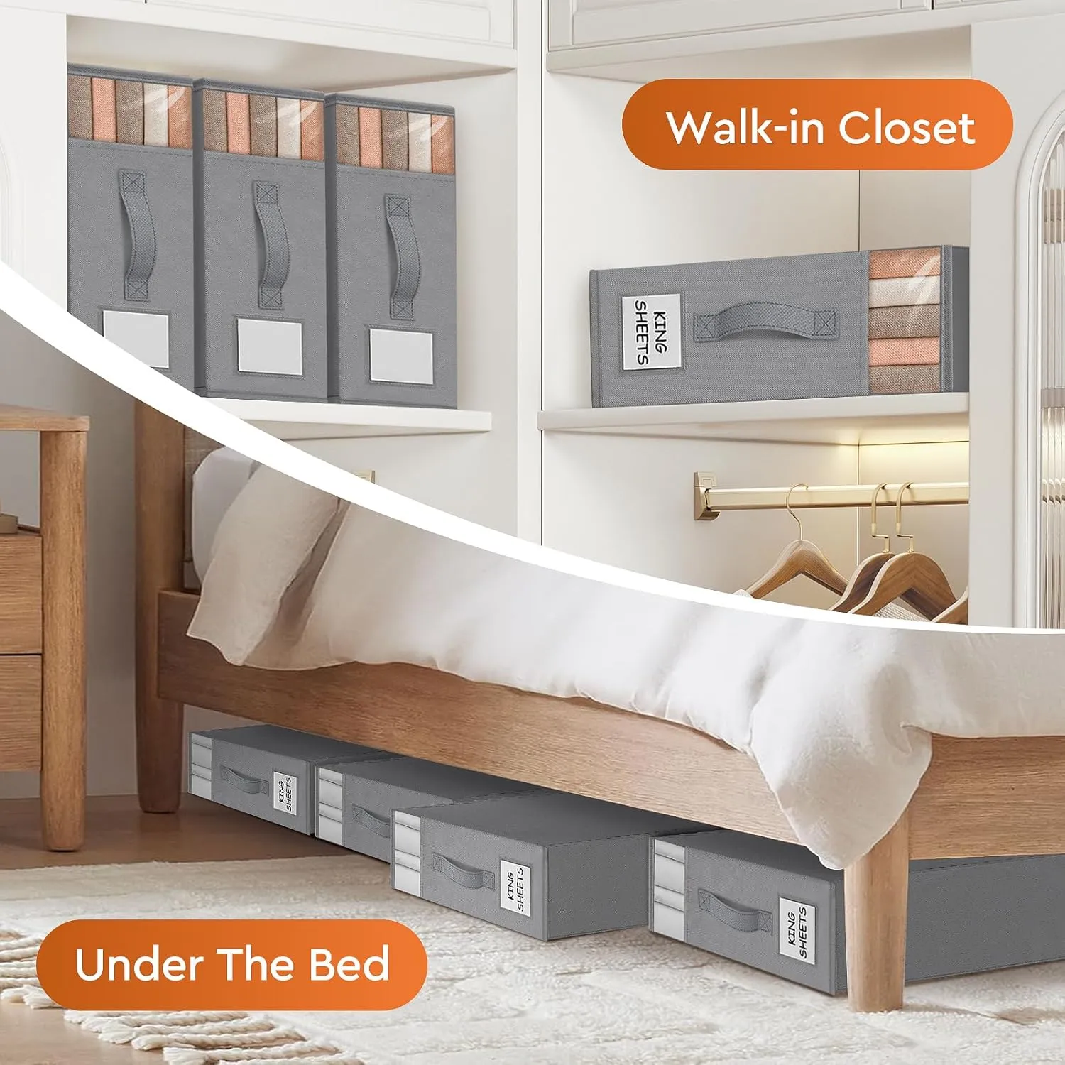 4 Pack Bed Sheet Closet Organizers and Storage,Sturdy Foldable Storage Containers with Window and Label,Storage and Organization for Bedding Sheets,Duvet Covers,Blankets (Grey)