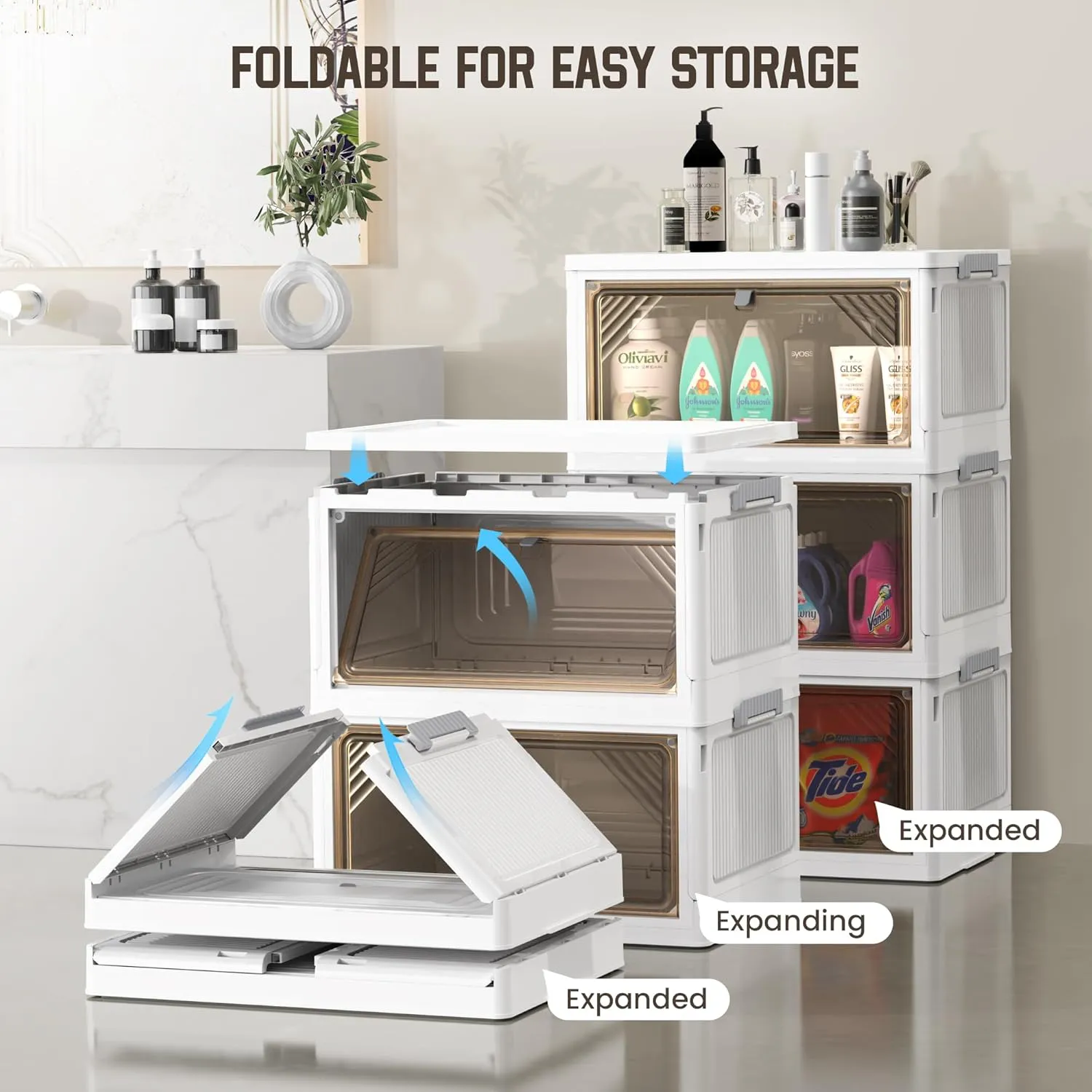 4 Pack Storage Bins with Lid - 11.8 Gal Foldable Stackable Storage Bins with Drawers - Closet Organizer and Storage Box - Plastic Drawer Storage for Bedroom Study Toy Room Office