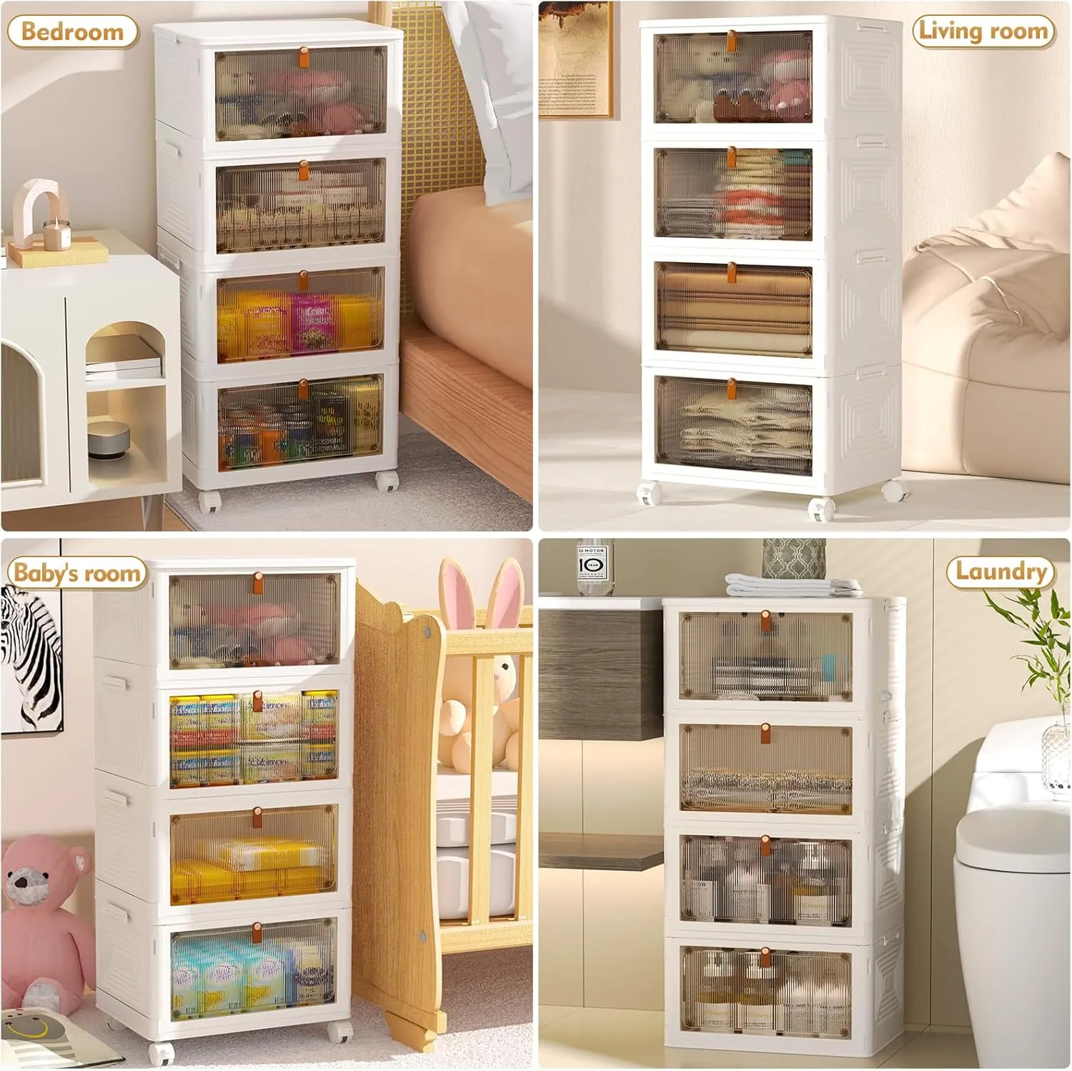 4 Tier Plastic Storage Bins with Lid 23QT, Stackable Storage Containers with Wheels, Folding Storage Boxes, Stackable Storage Bins, Closet Organizers and Storage for Living Room,Office,Dorm