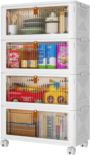 4 Tier Plastic Storage Bins with Lids 36QT, Stackable Storage Containers with Wheels, Folding Storage Boxes, Collapsible Storage Bins, Closet Organizers and Storage for Living Room,Office,School