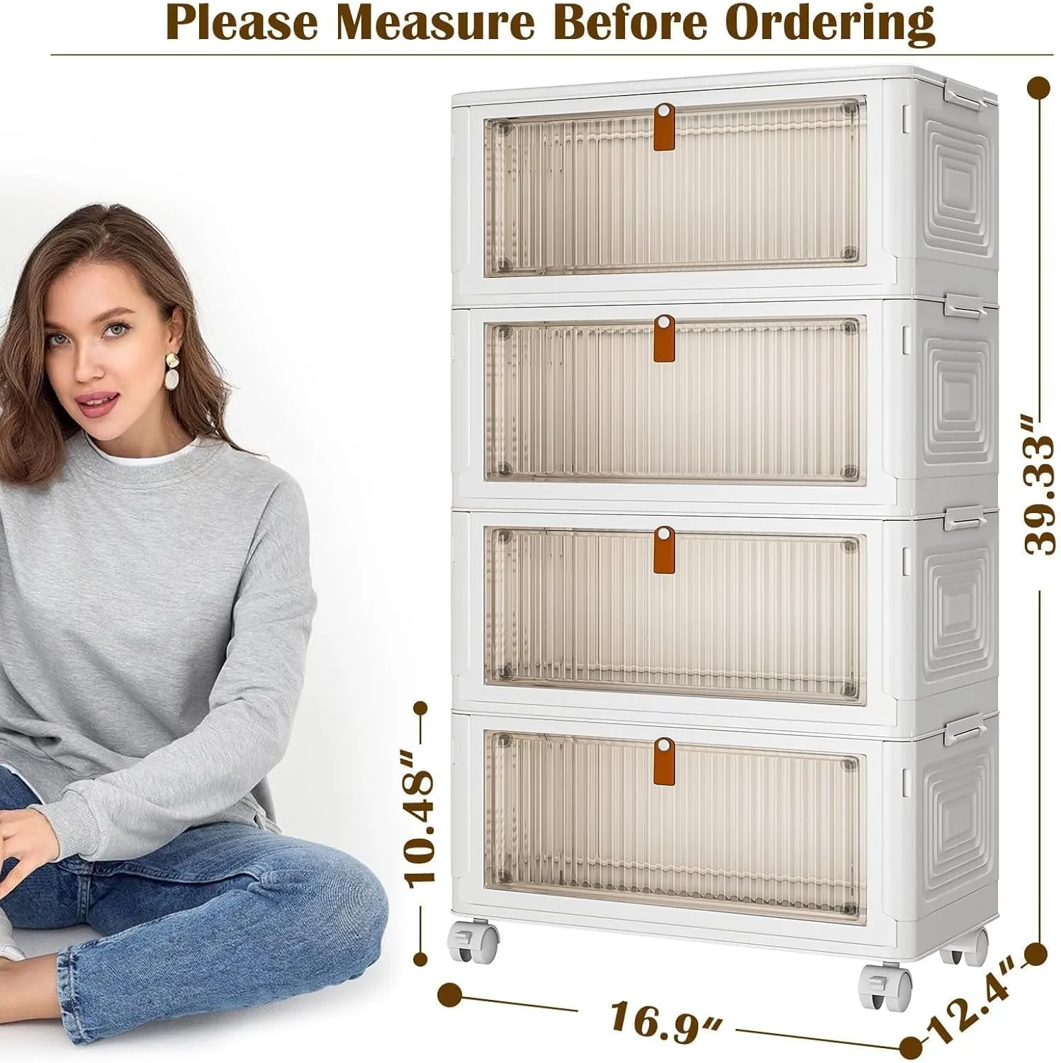 4 Tier Plastic Storage Bins with Lids 36QT, Stackable Storage Containers with Wheels, Folding Storage Boxes, Collapsible Storage Bins, Closet Organizers and Storage for Living Room,Office,School