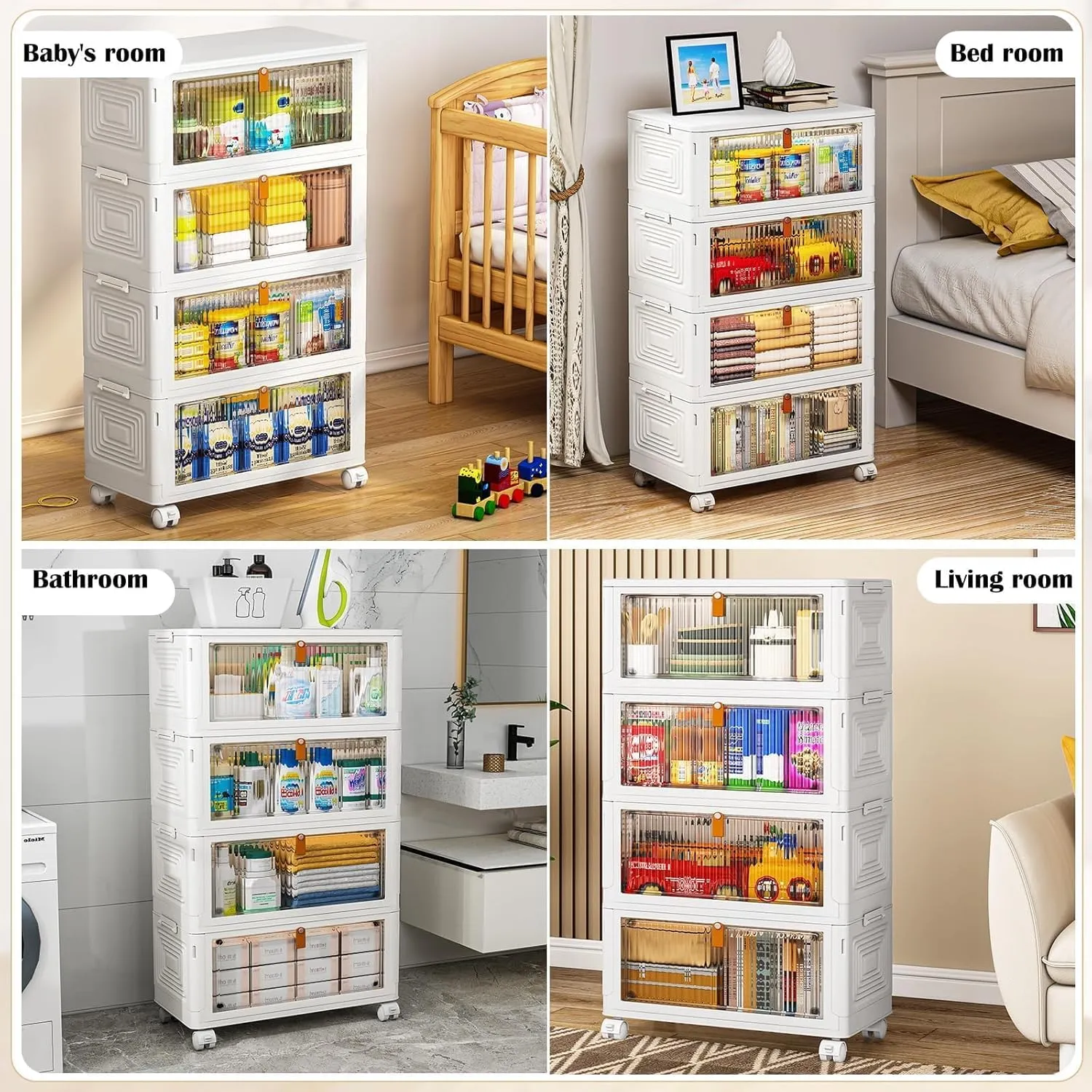4 Tier Plastic Storage Bins with Lids 36QT, Stackable Storage Containers with Wheels, Folding Storage Boxes, Collapsible Storage Bins, Closet Organizers and Storage for Living Room,Office,School