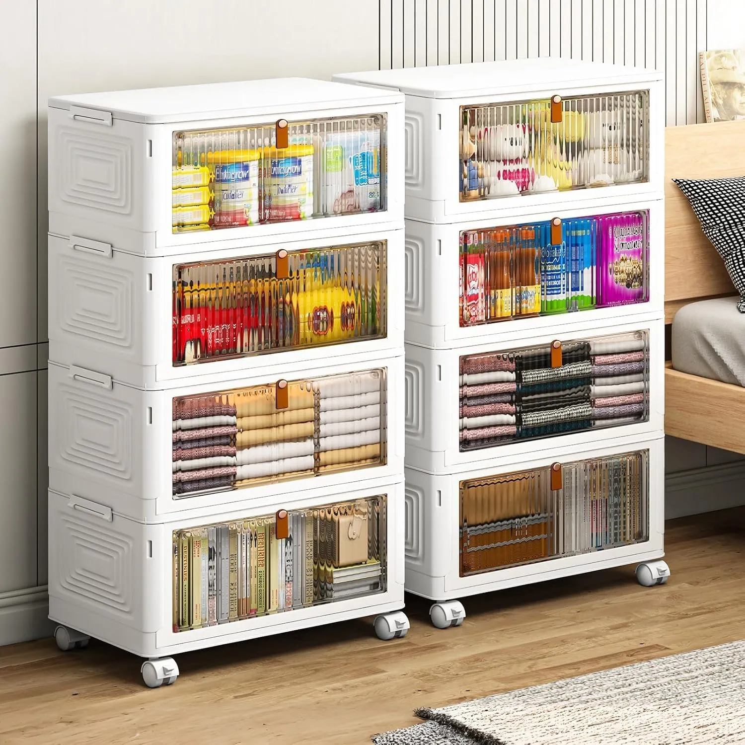 4 Tier Plastic Storage Bins with Lids 36QT, Stackable Storage Containers with Wheels, Folding Storage Boxes, Collapsible Storage Bins, Closet Organizers and Storage for Living Room,Office,School