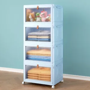 4 Tier Stackable Plastic Storage Bins with Lid and Wheels - 23 QT Closet Organizers and Storage, Foldable Storage Containers, Organization and Storage Boxes for Craft, Home, Pantry, Dorm,Blue
