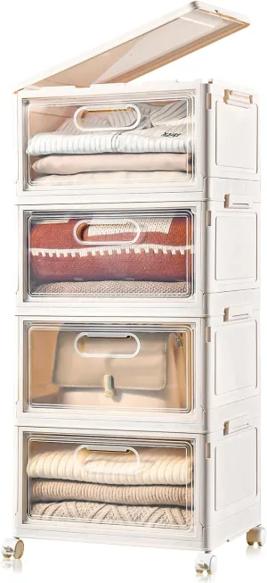 4-Tier Stackable Storage Bins with Lids, 23QT Storage Containers,Clear Foldable Plastic Drawer Storage on Wheels,Closet Organizers and Storage for Living Room,Bedroom,Office,Dorm
