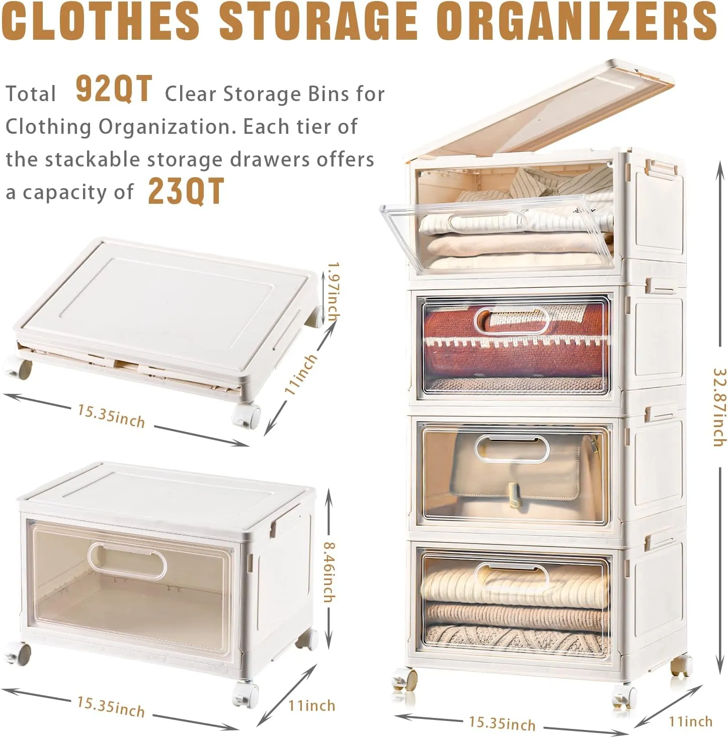 4-Tier Stackable Storage Bins with Lids, 23QT Storage Containers,Clear Foldable Plastic Drawer Storage on Wheels,Closet Organizers and Storage for Living Room,Bedroom,Office,Dorm