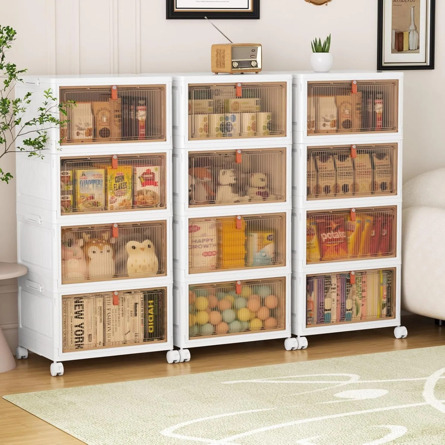 4 Tier Storage Bins with Lid 28QT - Stackable Storage Bins with Wheels, Folding Storage Boxes, Collapsible Storage Bins, Closet Organizers and Storage for Living Room