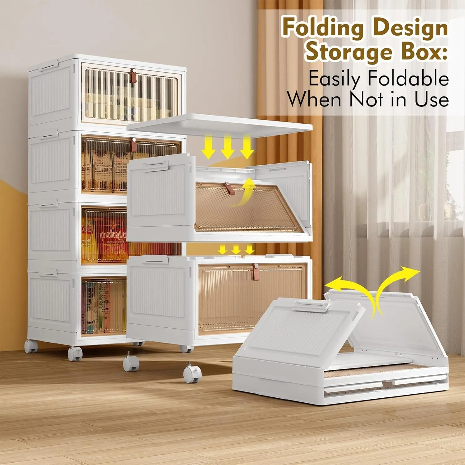 4 Tier Storage Bins with Lid 28QT - Stackable Storage Bins with Wheels, Folding Storage Boxes, Collapsible Storage Bins, Closet Organizers and Storage for Living Room