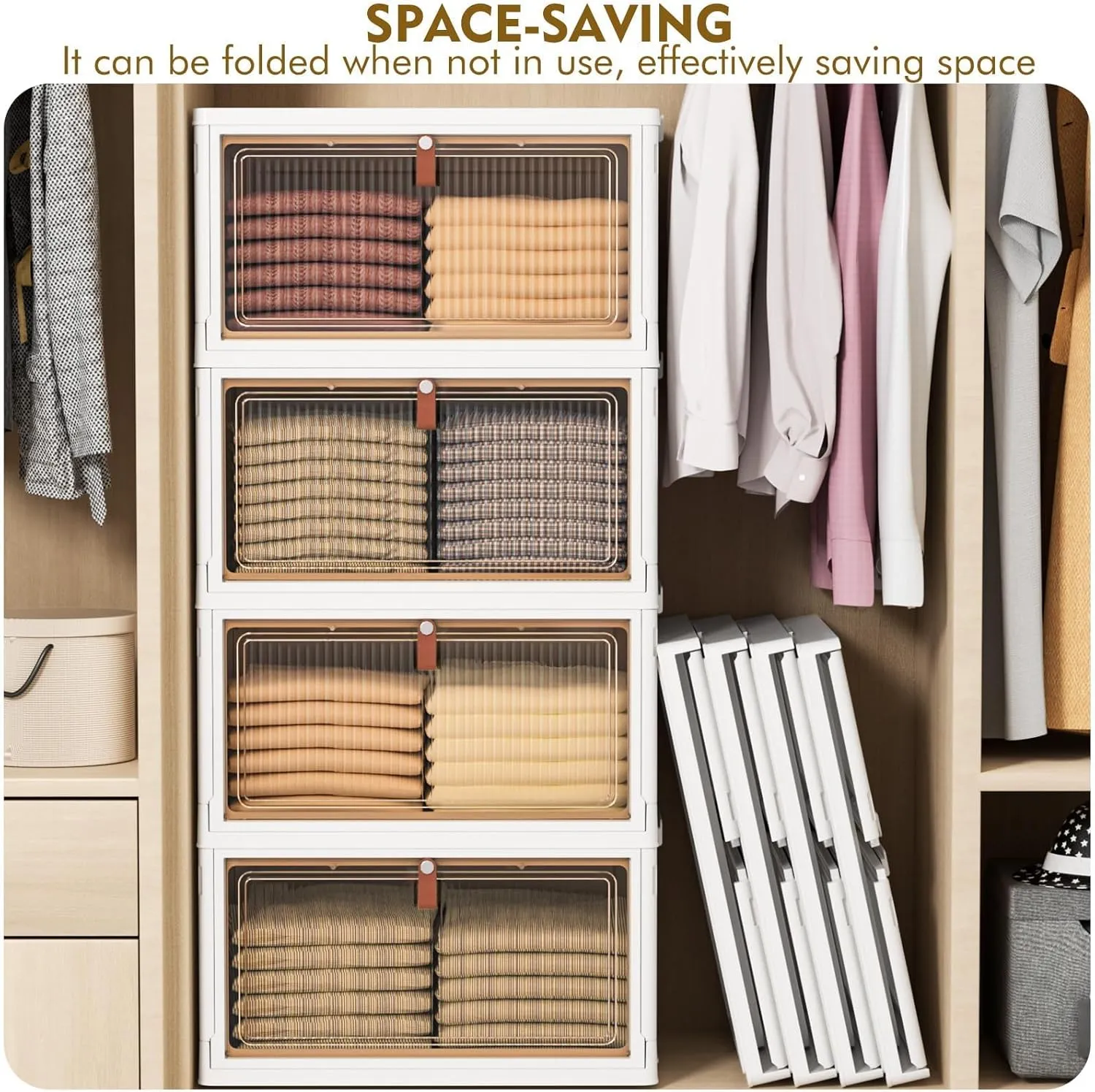 4 Tier Storage Bins with Lid 28QT - Stackable Storage Bins with Wheels, Folding Storage Boxes, Collapsible Storage Bins, Closet Organizers and Storage for Living Room
