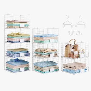 4 Tiers Closet Shelves Stackable Organizer with Name Plate S Hooks, Wall Mount & Cabinet Wire Storage Basket Bins, for Clothing Sweaters Handbags Clutches Accessories