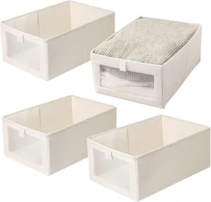 4Pcs Linen Closet Organizers and Storage, 16x11x7 Inch Foldable & Stackable Fabric Storage Bins with Mesh, Washable & Breathable Closet Shelf Organizer for Bedroom, Laundry Room, Toy Room