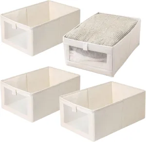 4Pcs Linen Closet Organizers and Storage, 16x11x7 Inch Foldable & Stackable Fabric Storage Bins with Mesh, Washable & Breathable Closet Shelf Organizer for Bedroom, Laundry Room, Toy Room