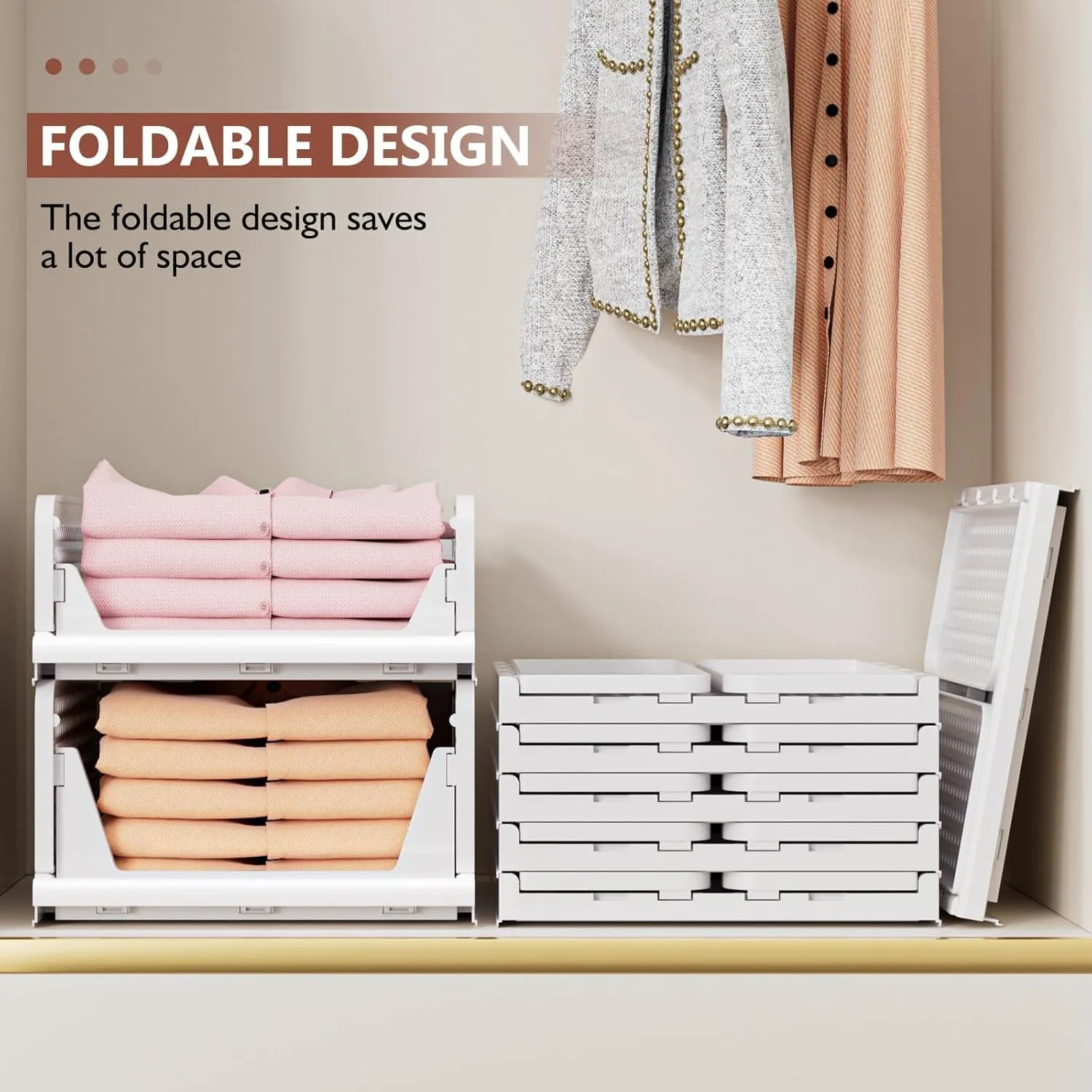 5 Pack Folding Closet Organizers Storage Box, Stackable Storage Bins, Plastic Drawer Basket Closet Storage for Wardrobe Cupboard Kitchen Bathroom Office Green-5L