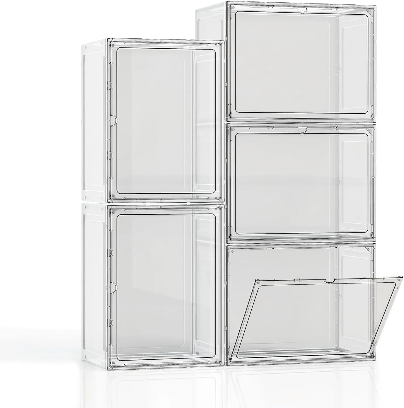 5 Pack Stackable Storage Bins with Lids, White Plastic Storage Container with Clear Lids, Clear Display Case with Magnetic Door for Purse, Handbag, Books, Cosmetic, Figure, Collectibles, Doll, Bag