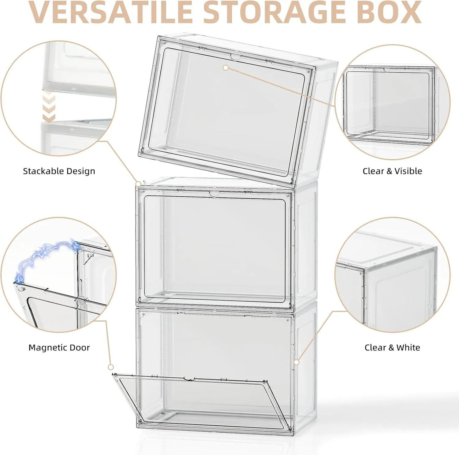 5 Pack Stackable Storage Bins with Lids, White Plastic Storage Container with Clear Lids, Clear Display Case with Magnetic Door for Purse, Handbag, Books, Cosmetic, Figure, Collectibles, Doll, Bag