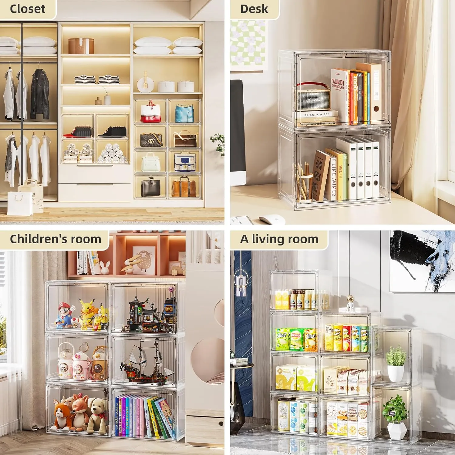 5 Pack Stackable Storage Bins with Lids, White Plastic Storage Container with Clear Lids, Clear Display Case with Magnetic Door for Purse, Handbag, Books, Cosmetic, Figure, Collectibles, Doll, Bag