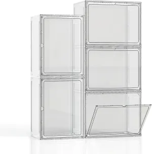 5 Pack Stackable Storage Bins with Lids, White Plastic Storage Container with Clear Lids, Clear Display Case with Magnetic Door for Purse, Handbag, Books, Cosmetic, Figure, Collectibles, Doll, Bag