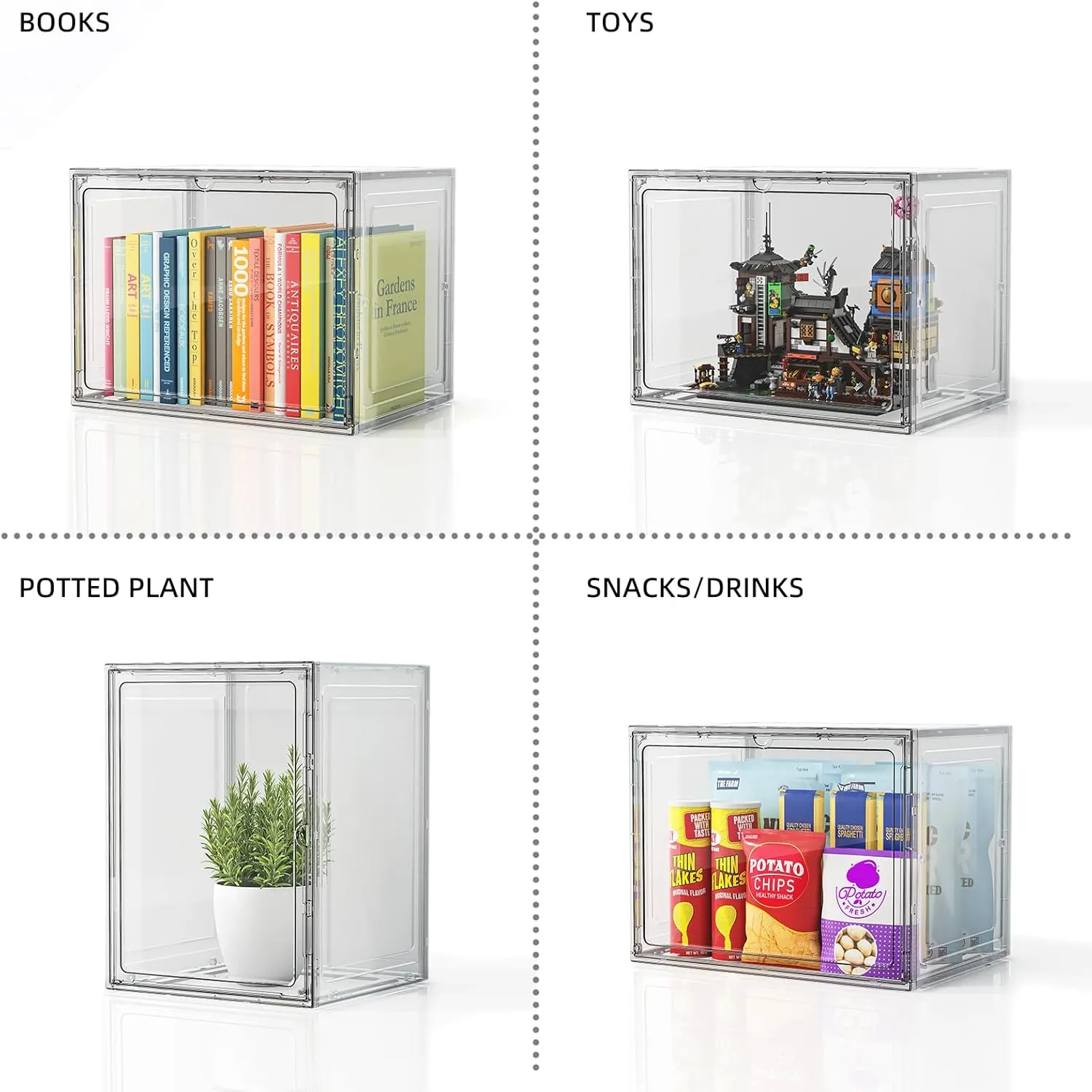 5 Pack Stackable Storage Bins with Lids, White Plastic Storage Container with Clear Lids, Clear Display Case with Magnetic Door for Purse, Handbag, Books, Cosmetic, Figure, Collectibles, Doll, Bag
