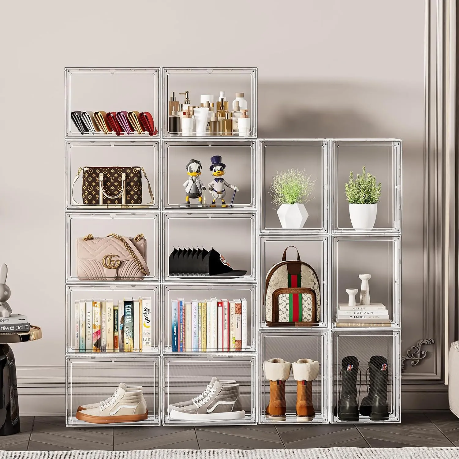 5 Pack Stackable Storage Bins with Lids, White Plastic Storage Container with Clear Lids, Clear Display Case with Magnetic Door for Purse, Handbag, Books, Cosmetic, Figure, Collectibles, Doll, Bag