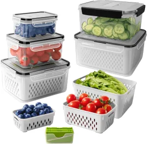 5 PCS Fruit storage Containers for Fridge with Removable Colander and Chopper Set, Leakproof Food Storage Containers with lids, Dishwasher & Microwave Safe Produce Containers to Keep Fruits Fresh ﻿