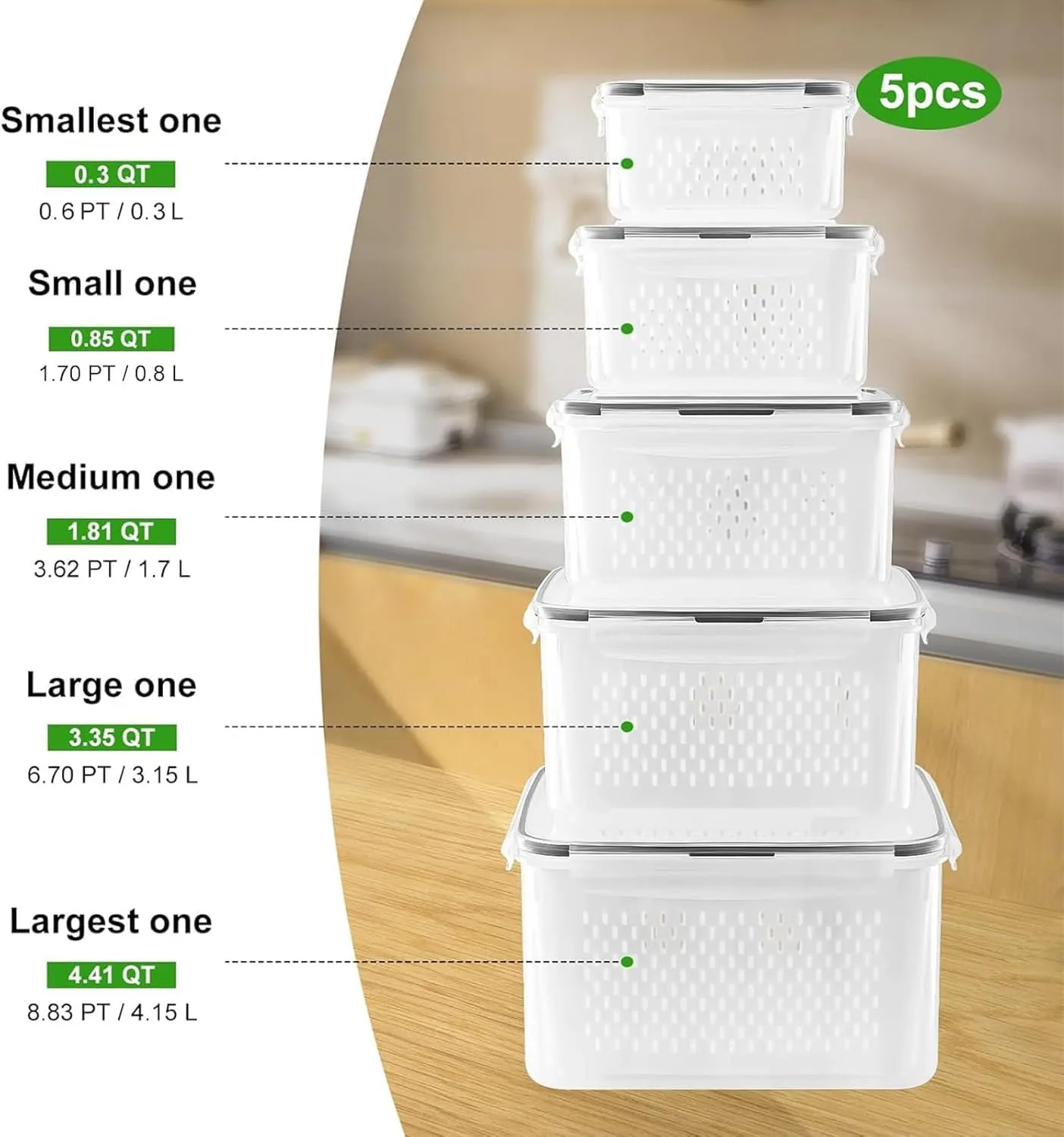 5 PCS Fruit storage Containers for Fridge with Removable Colander and Chopper Set, Leakproof Food Storage Containers with lids, Dishwasher & Microwave Safe Produce Containers to Keep Fruits Fresh ﻿