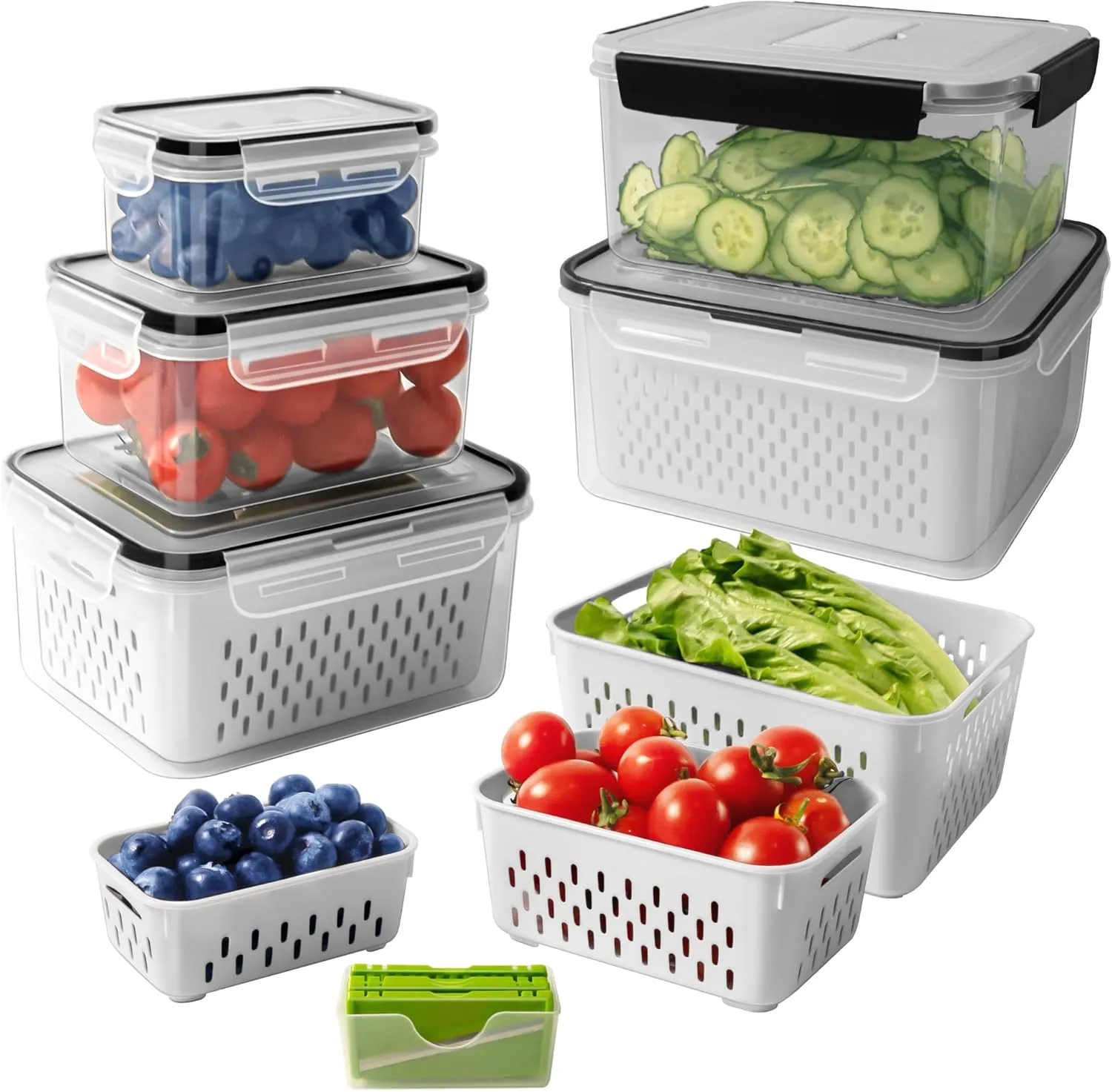 5 PCS Fruit storage Containers for Fridge with Removable Colander and Chopper Set, Leakproof Food Storage Containers with lids, Dishwasher & Microwave Safe Produce Containers to Keep Fruits Fresh ﻿