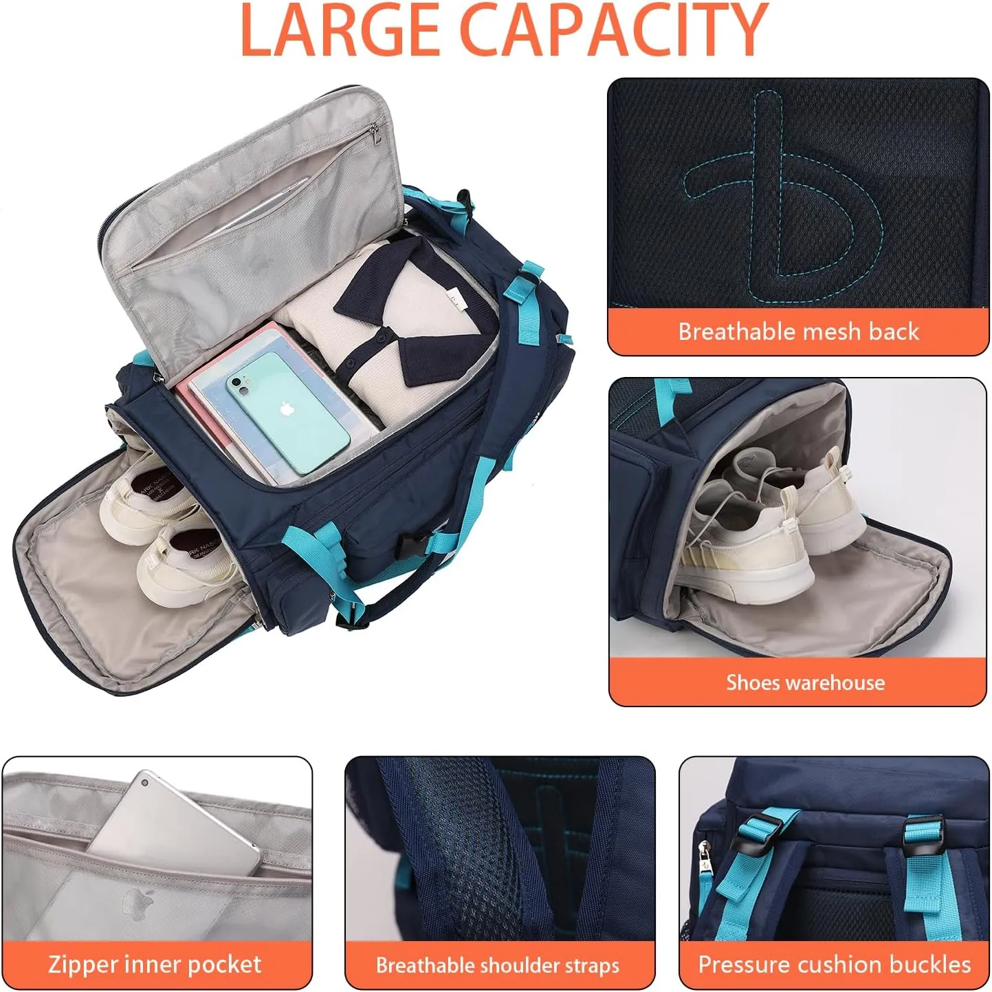 50L Extra Large Gym Backpack for Men, Big Gym Bag with Shoes Compartment, Waterproof Heavy Duty Duffel Bags, Men's Workout Backpacks for Outdoor Sport,Hiking,Camping,Travel
