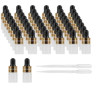 50Pcs 2ml Mini Translucent Frosted Glass Dropper Bottle Sample Vial Jar Empty Refillable Cosmetic Essential Oil Bottle Container with Glass Eye Dropper, 2pcs 3ml Transfer Dropper Pipette (Gold Cap)