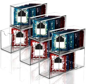 6 Pcs Clear Tea Bag Drawers Organizer, 6.5" x 4" x 3" Plastic Stackable Tea Bag Storage Holder for Pantry Home Organization