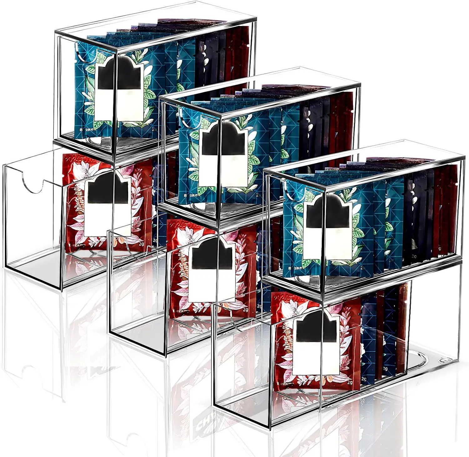 6 Pcs Clear Tea Bag Drawers Organizer, 6.5" x 4" x 3" Plastic Stackable Tea Bag Storage Holder for Pantry Home Organization