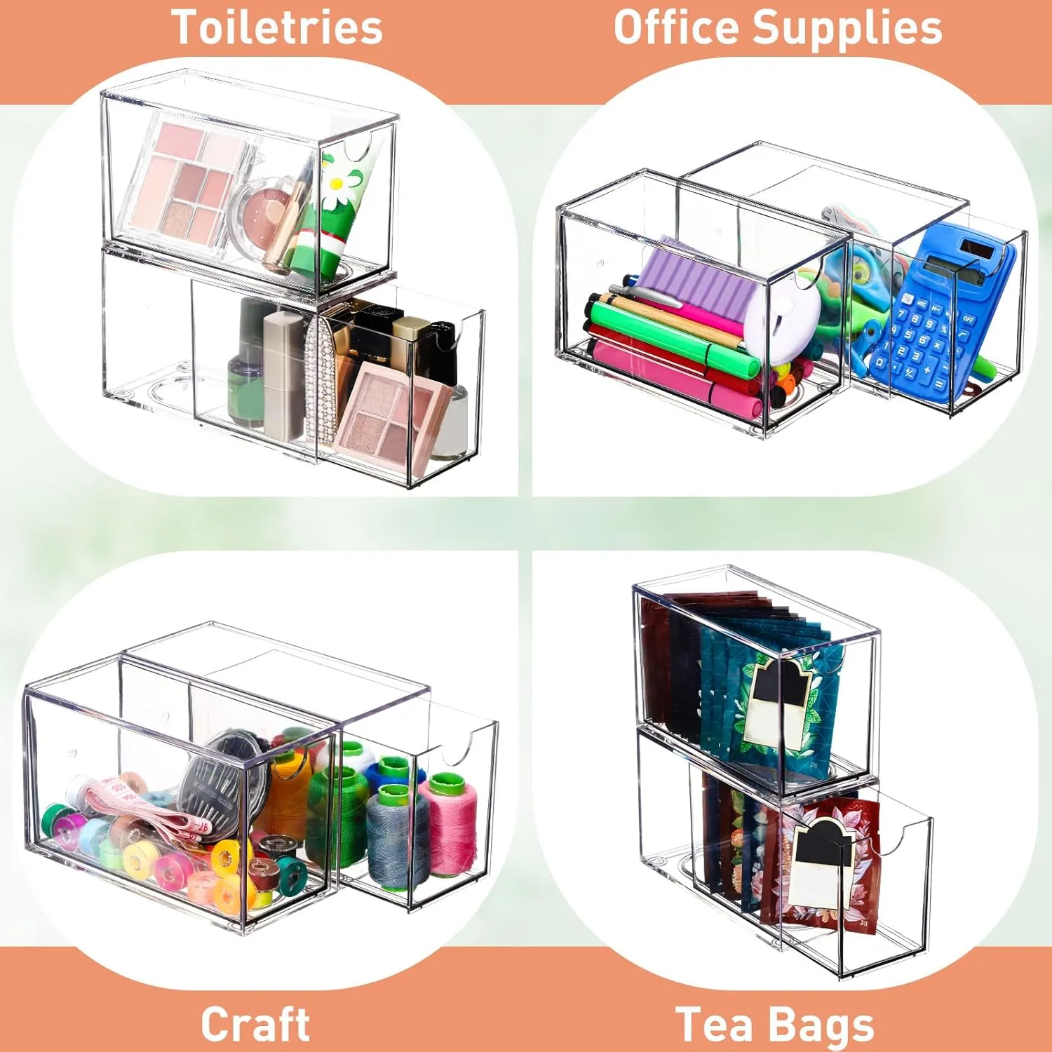 6 Pcs Clear Tea Bag Drawers Organizer, 6.5" x 4" x 3" Plastic Stackable Tea Bag Storage Holder for Pantry Home Organization