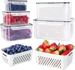 6 PCS Large Fruit Containers for Fridge - Leakproof Food Storage Containers with Removable Colander - Dishwasher & Microwave Safe Produce Containers Keep Fruits, Vegetables, Berry, Meat Fresh longer