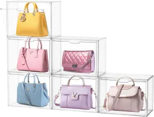 6PCS Acrylic Display Case, Display Cases for Collectibles, Purse Storage Organizer, Clear Acrylic Display Boxes with Lid for Handbags, Shoes, Collectibles, Cosmetic and Toys