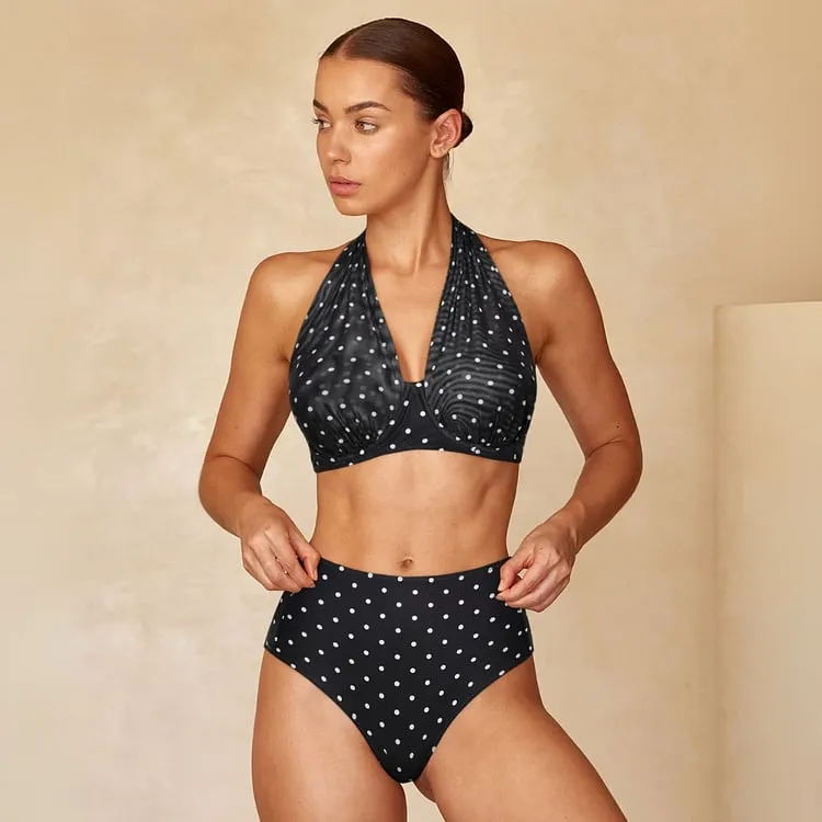 84Volt  Polka dot mesh breathable halter neck Print Bikini Swimsuit Set - As shown / S