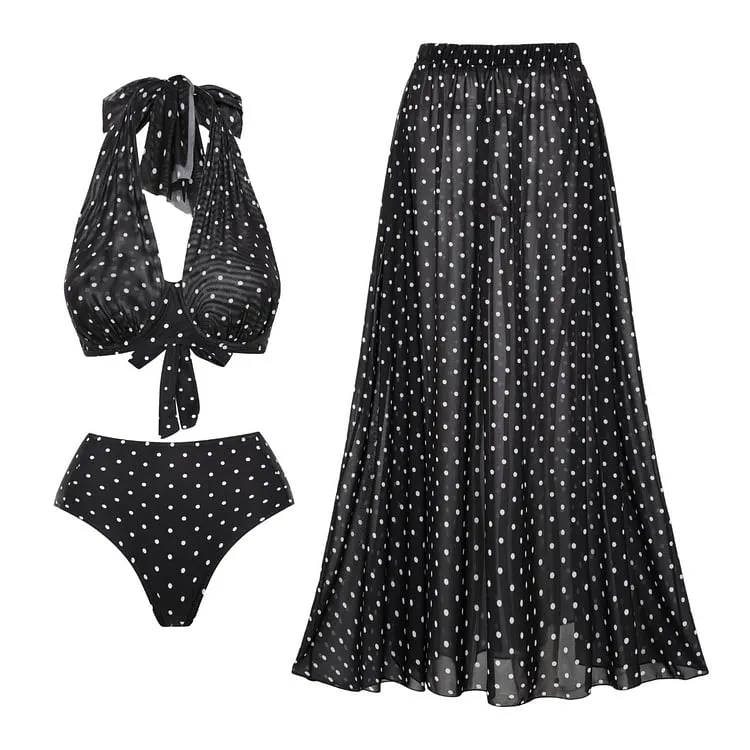 84Volt  Polka dot mesh breathable halter neck Print Bikini Swimsuit Set - As shown / S