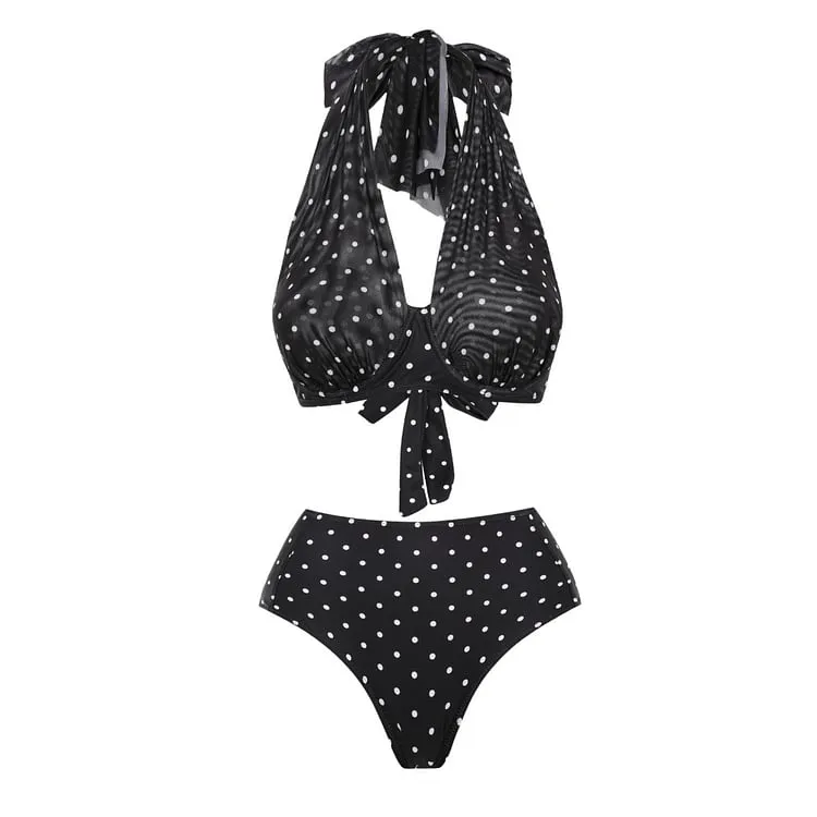 84Volt  Polka dot mesh breathable halter neck Print Bikini Swimsuit Set - As shown / S