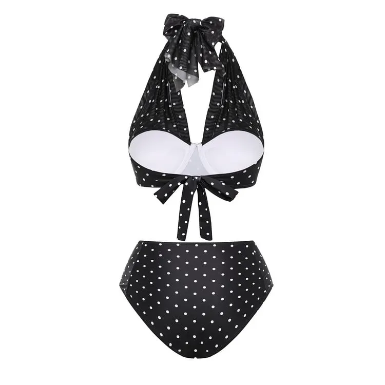 84Volt  Polka dot mesh breathable halter neck Print Bikini Swimsuit Set - As shown / S