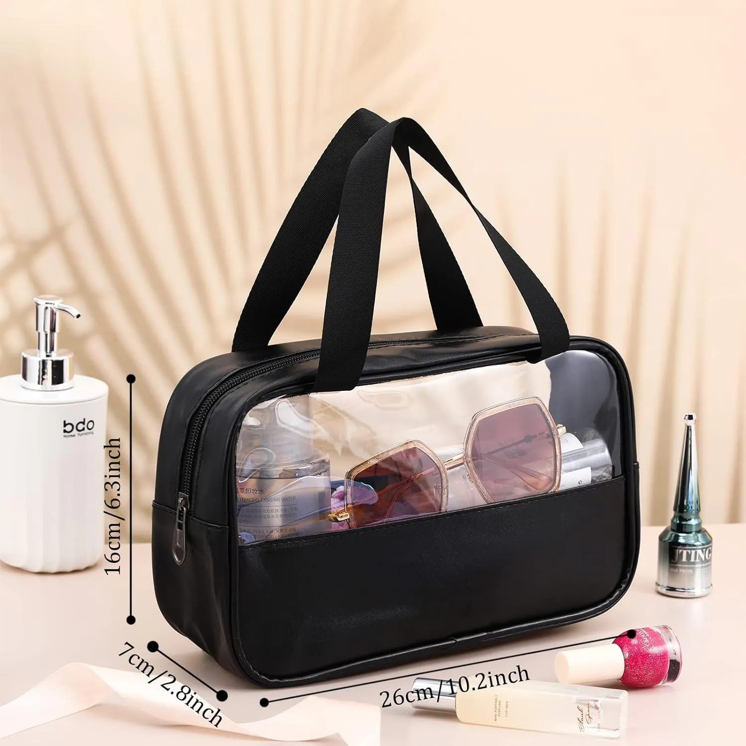 9 Pcs Translucent Make up Bag Toiletry Organizer for Women Men Waterproof Portable Cosmetic Travel Bag with Hanging Handles Travel Storage Carry Pouch, 10.2 x 6.3 x 2.8 Inches(Black)