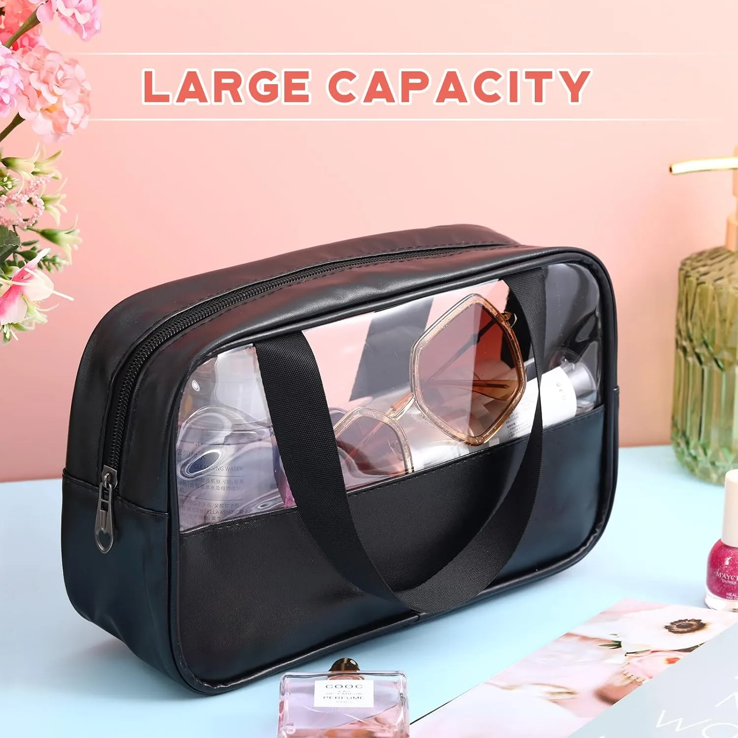 9 Pcs Translucent Make up Bag Toiletry Organizer for Women Men Waterproof Portable Cosmetic Travel Bag with Hanging Handles Travel Storage Carry Pouch, 10.2 x 6.3 x 2.8 Inches(Black)