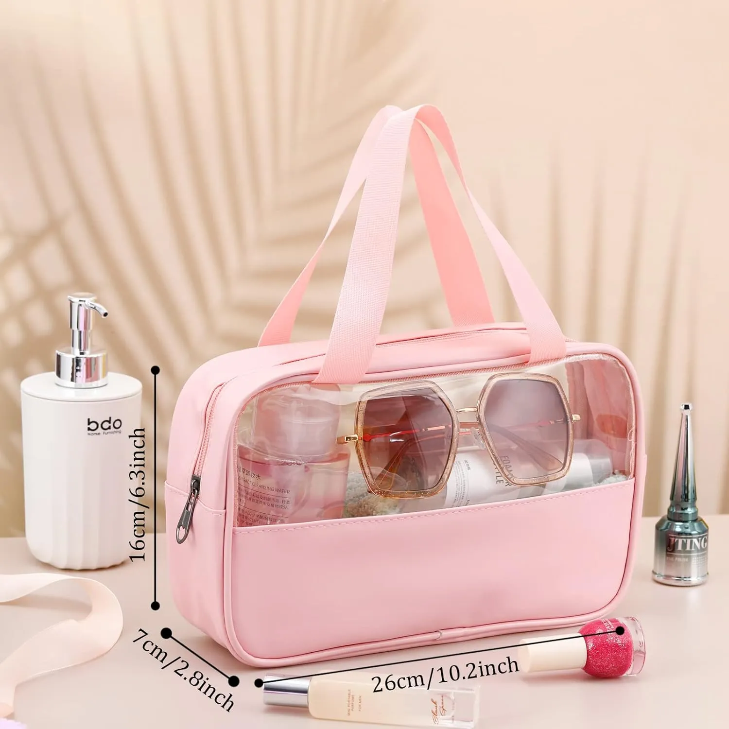9 Pcs Translucent Make up Bag Toiletry Organizer for Women Men Waterproof Portable Cosmetic Travel Bag with Hanging Handles Travel Storage Carry Pouch, 10.2 x 6.3 x 2.8 Inches(Pink)