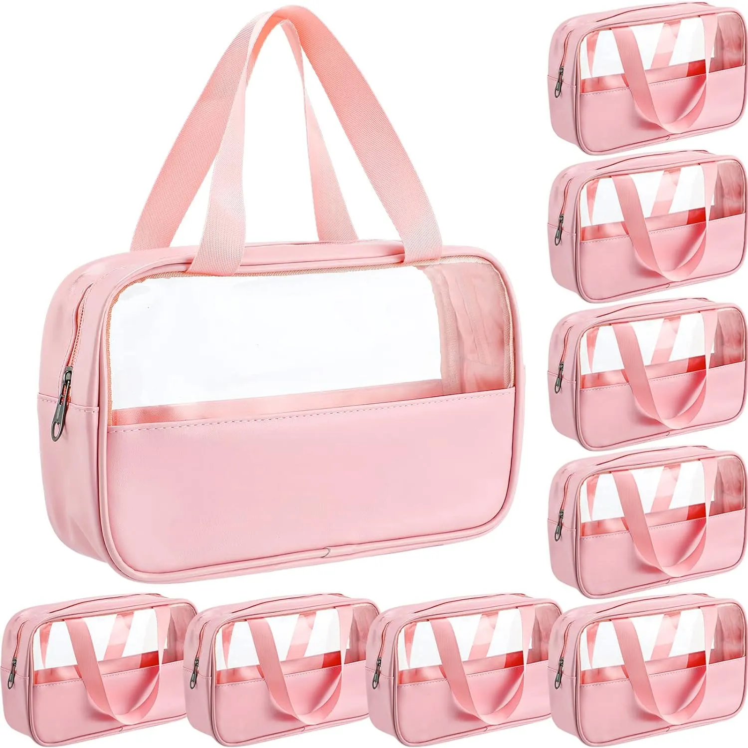 9 Pcs Translucent Make up Bag Toiletry Organizer for Women Men Waterproof Portable Cosmetic Travel Bag with Hanging Handles Travel Storage Carry Pouch, 10.2 x 6.3 x 2.8 Inches(Pink)