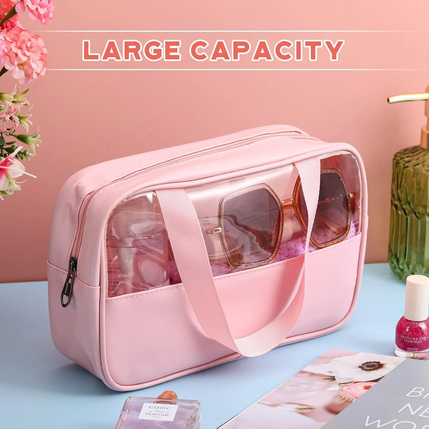 9 Pcs Translucent Make up Bag Toiletry Organizer for Women Men Waterproof Portable Cosmetic Travel Bag with Hanging Handles Travel Storage Carry Pouch, 10.2 x 6.3 x 2.8 Inches(Pink)