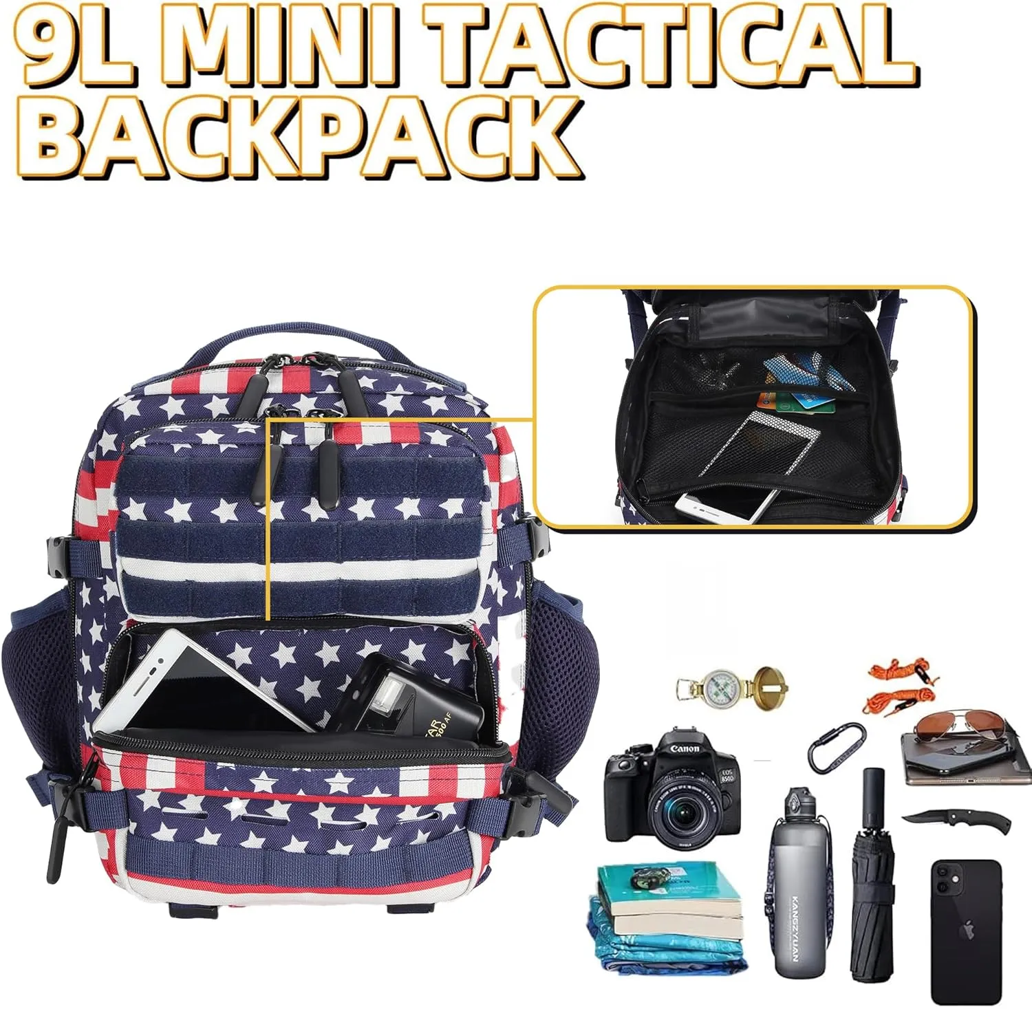9L Mini Tactical Backpack 9L Assault Pack 9L Tactical Backpack Hiking Fitness Backpack(Striped Flag)