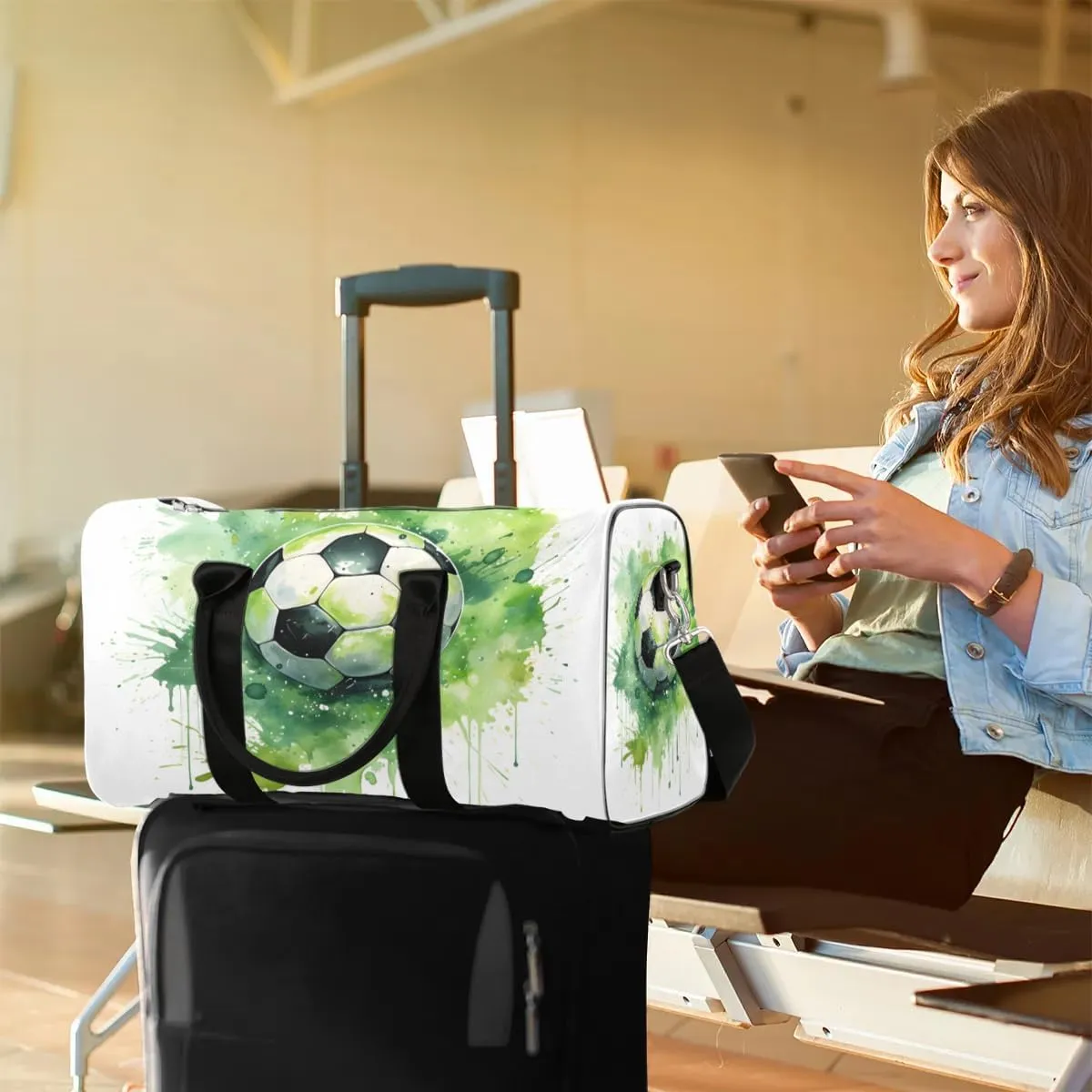 Abstract Soccer Travel Duffel Bag for Women Men Waterproof Foldable Overnight Weekender Bag Large Capacity Sports Gym Bag
