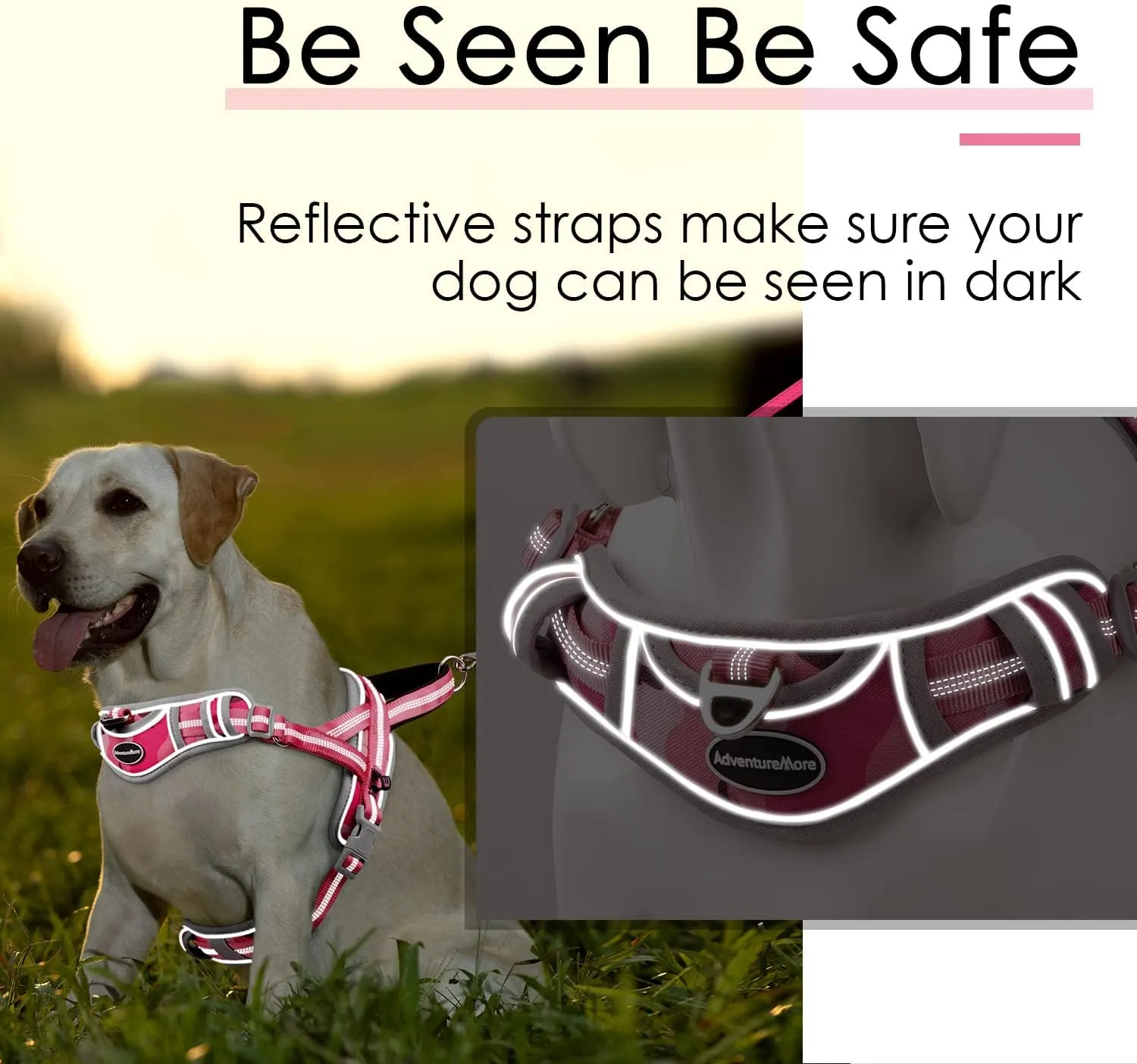 ADVENTUREMORE Dog Harness for Large Dogs No Pull, Sport Dog Halter Harness Reflective Breathable Dog Vest Escape Proof Dog Harness with Easy Control Front Clip Handle for Training Walking L Pink