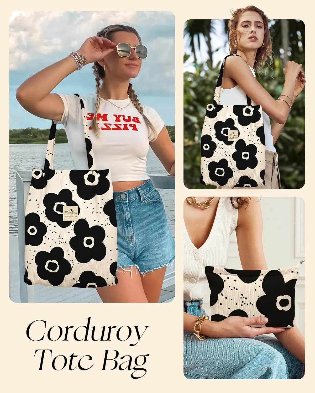 Aesthetic 2 Pack Corduroy Tote Bag - with Makeup Pouch Bag for Women Reusable Grocery Bag for Gym, Travel, Work
