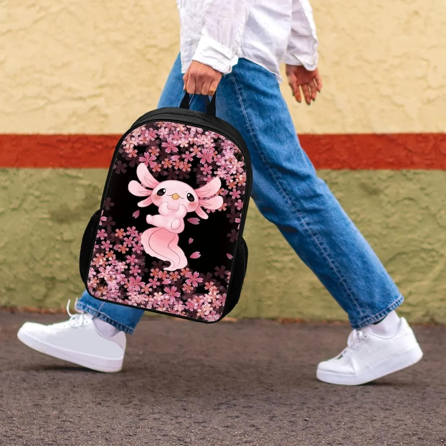 AFPANQZ Cherry Blossom Axolotl Backpack Large Capacity Daily Use Backpack for Boys Girls Casual Backpacks for Middle School Kids Kids Teens Backpacks Pink Black